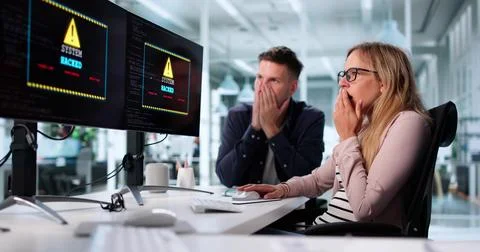 Cyber Attack On Business Computer: Ransomware Malware Threatens Files Stock Photos