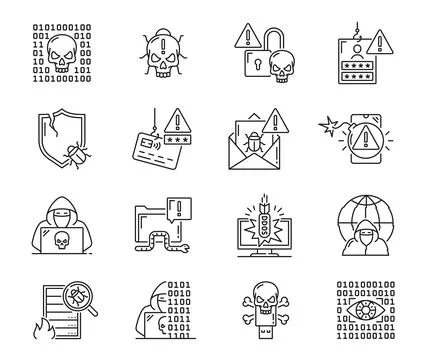 Cyber attack, computer virus and hacker icons Stock Illustration