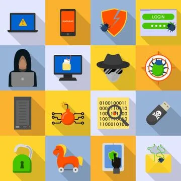 Cyber attack computer virus icons set, flat style イラスト素材