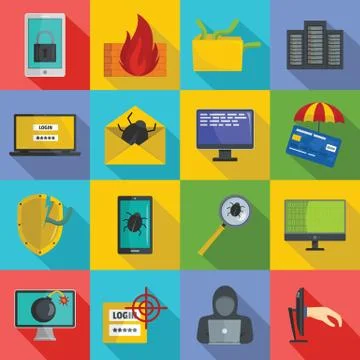 Cyber attack computer virus icons set, flat style イラスト素材