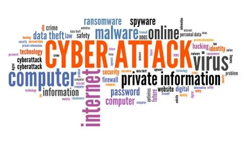 Cyber attack concept - computer hacking. Word cloud. Stock Illustration