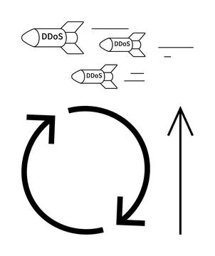 Cyber Attack Concept Featuring DDoS Missiles and Circular Defensive Arrows .. Stock Illustration