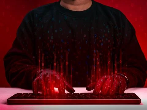Cyber attack concept with hacker using keyboard surrounding with binary cod.. 스톡 사진