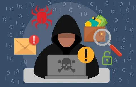 Cyber attack concept showing anonymous hacker, data theft, identity fraud, .. イラスト素材