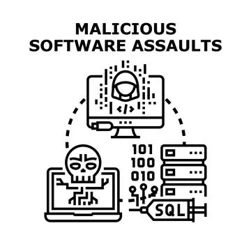 Cyber attack concept showing malicious software assaulting computer systems Stock Illustration