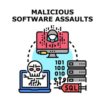 Cyber attack concept showing malicious software assaulting computer systems イラスト素材