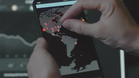 Cyber attack, Cyber security and global network concept. World map on mobile Stock Footage 250363000