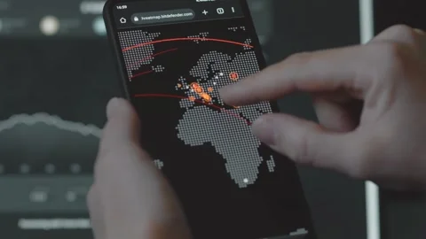 Cyber attack, Cyber security and global network concept. World map on mobile Stock Footage 250363039