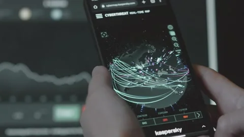 Cyber attack, Cyber security and global network concept. World map on mobile Stock Footage 250363082
