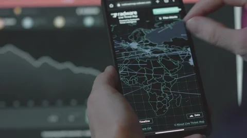 Cyber attack, Cyber security and global network concept. World map on mobile Stock Footage 250363216