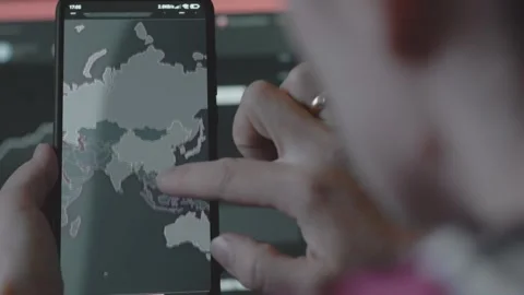 Cyber attack, Cyber security and global network concept. World map on mobile Stock Footage 250363443
