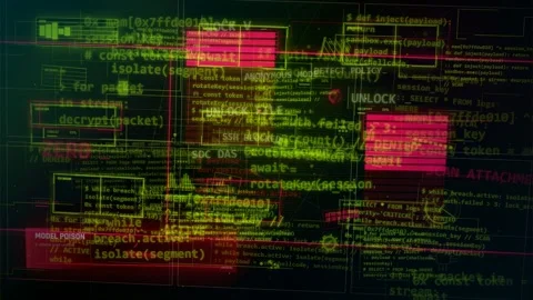 Cyber Attack Data Breach HUD Interface with Scrolling Code Stockbeeldmateriaal 335567178