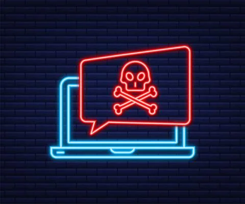 Cyber attack. Data Phishing with fishing hook, laptop, internet security. Neon Illustrazione stock