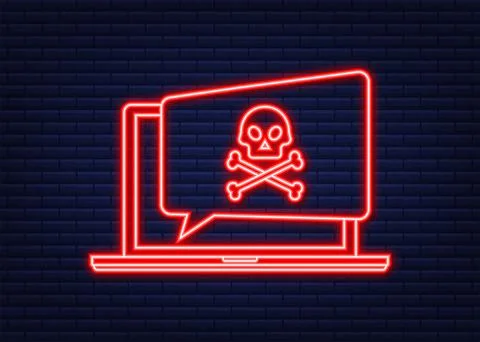 Cyber attack. Data Phishing, laptop, internet security. Virus alert. Neon icon Illustrazione stock