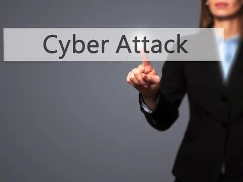 Cyber Attack - Female touching virtual button. Stock Photos