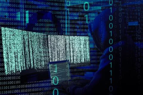 Cyber attack. Hacker working with computers in dark room. Binary code and i.. Illustrazione stock