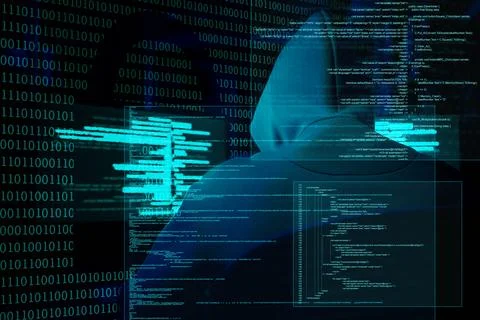 Cyber attack. Hacker working with computers on dark background. Different c.. 库存照片