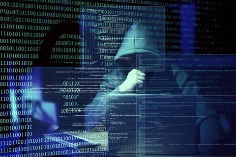 Cyber attack. Hacker working with computers and breaking system to steal in.. Stock Photos