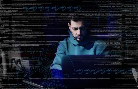 Cyber attack. Hacker working with laptop in dark room. Different digital co.. Stock Photos