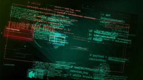 Cyber Attack HUD Interface with Digital Code and Security Breach Stock Footage 335573965