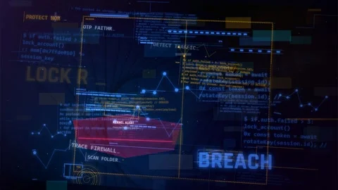 Cyber Attack HUD Interface with Digital Code and Security Alerts Stock-Footage 335574026