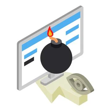 Cyber attack icon isometric vector. Bomb on computer monitor and arrow cursor Illustrazione stock