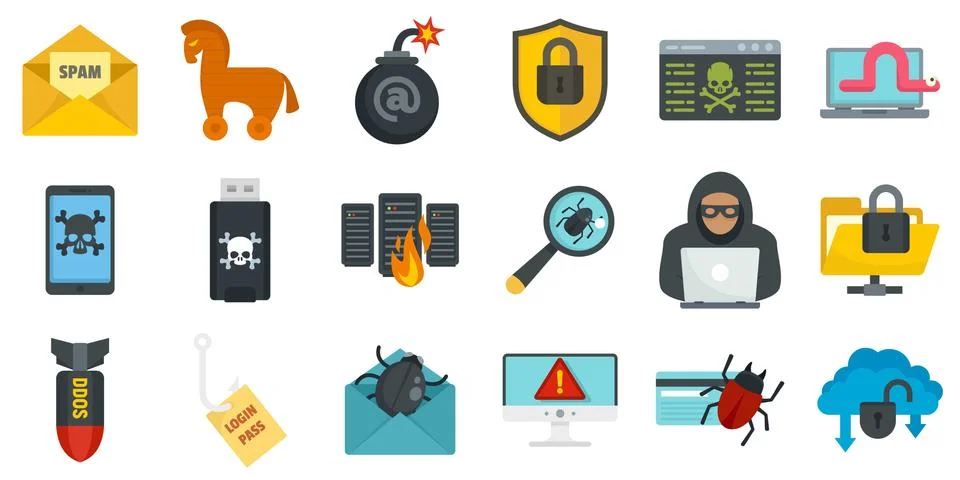 Cyber attack icons set, flat style 스톡 일러스트