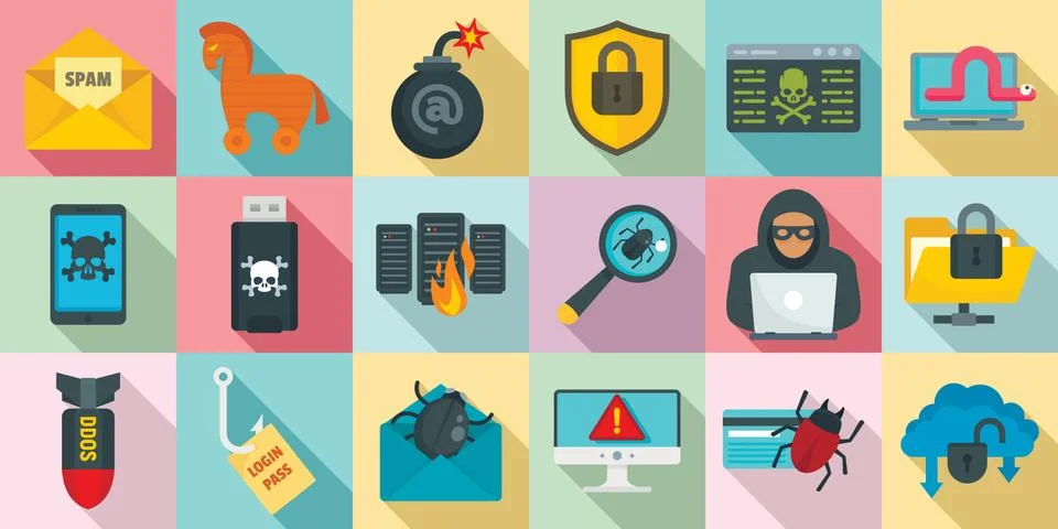 Cyber attack icons set, flat style Illustrazione stock
