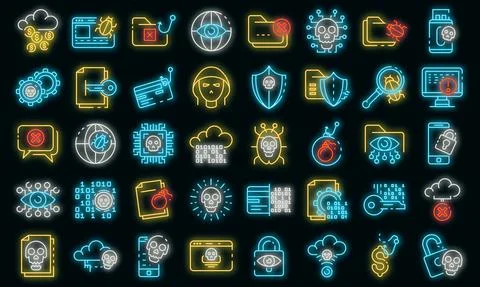 Cyber attack icons set vector neon Illustrazione stock