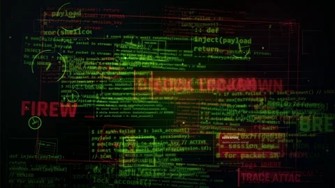 Cyber Attack Interface with Lock Trojan and Firewall Alerts Stock Footage 335573606