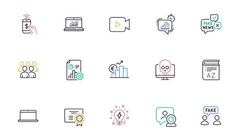 Cyber attack, Laptop and Group line icons for website, printing. For design Illustrazione stock