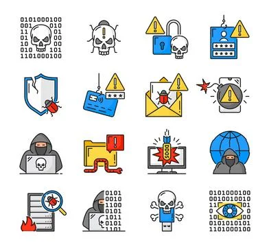Cyber attack line icons, computer hackers crime Stock Illustration