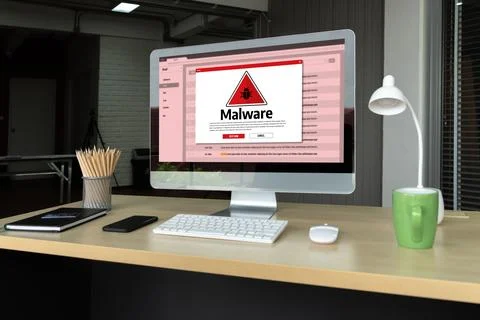 Cyber attack malware alert show computer screen display threat detected snugly Foto stock