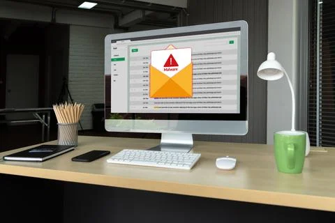 Cyber attack malware alert show computer screen display threat detected snugly Foto stock