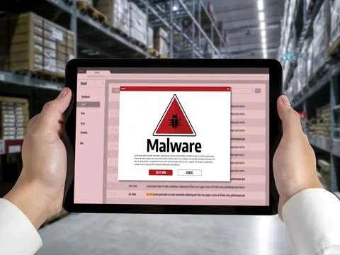 Cyber attack malware alert show computer screen display threat detected snugly Stock-Fotos
