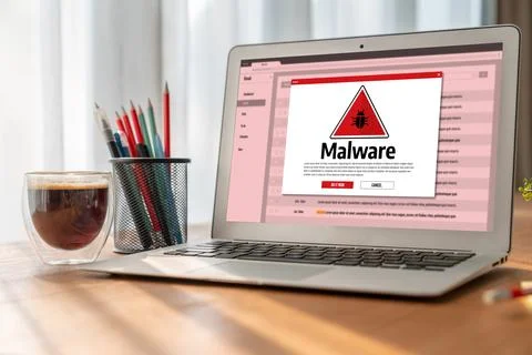 Cyber attack malware alert show computer screen display threat detected snugly Foto stock