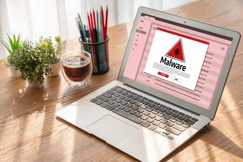 Cyber attack malware alert show computer screen display threat detected snugly Foto stock