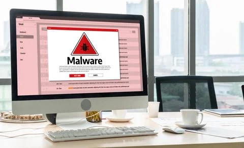 Cyber attack malware alert show computer screen display threat detected snugly Stock Photos