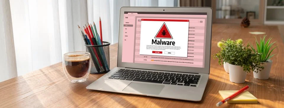 Cyber attack malware alert show computer screen display threat detected snugly Stock Photos