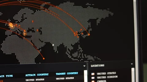 Cyber attack map. Professional team of cyber security specialists writing Stock Footage 249658185
