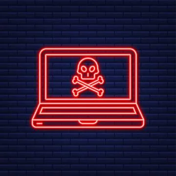 Cyber attack. Neon icon. Data Phishing with fishing hook, laptop, internet Stock Illustration