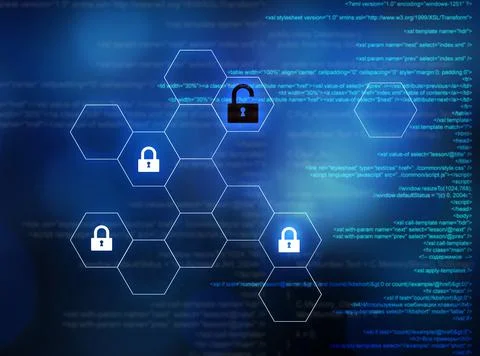 Cyber attack prevention. Four locks and source code on background Stockfoto's