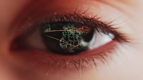 Cyber attack in real-time on world map reflected in the brown eye, macro view Stock Footage 281930419