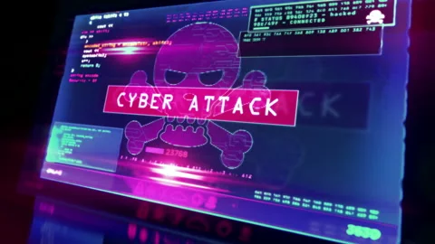 Cyber attack with skull symbol alert on screen loop animation Stock Footage 127885723