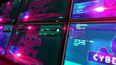 Cyber attack with skull symbol alert on screens loopable animation Stock Footage 127936874