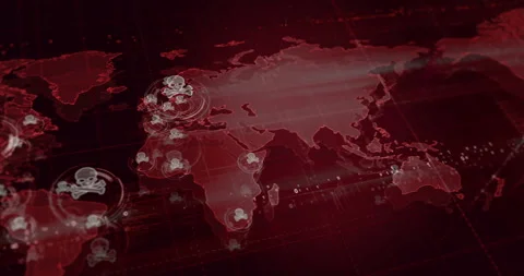 Cyber attack with skull symbol on world map Stock Footage 266681537