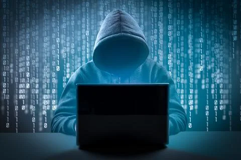 Cyber attack, system breaking and malware concept. Dangerous Hooded Hacker Br 写真素材