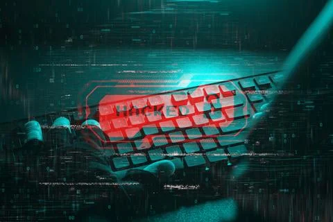Cyber Attack system hacked concept. Hacker hands typing on a keyboard with .. 스톡 사진