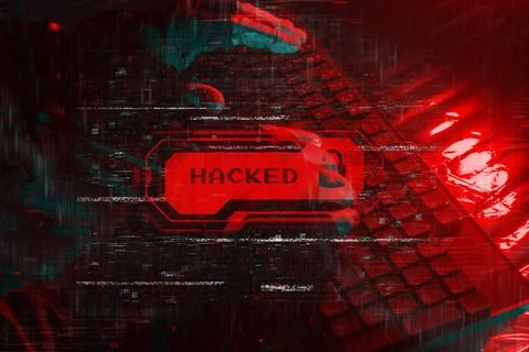 Cyber Attack system hacked concept. Hacker hands typing on a keyboard with .. 스톡 사진