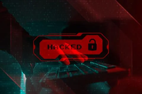 Cyber Attack system hacked concept. Hacker hands typing on a keyboard with .. 写真素材